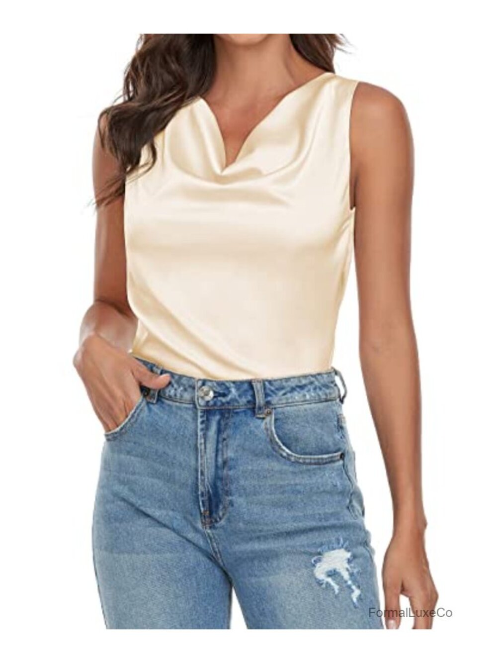 Womens Cowl Neck Satin Tank Top Sleeveless Draped Blouse